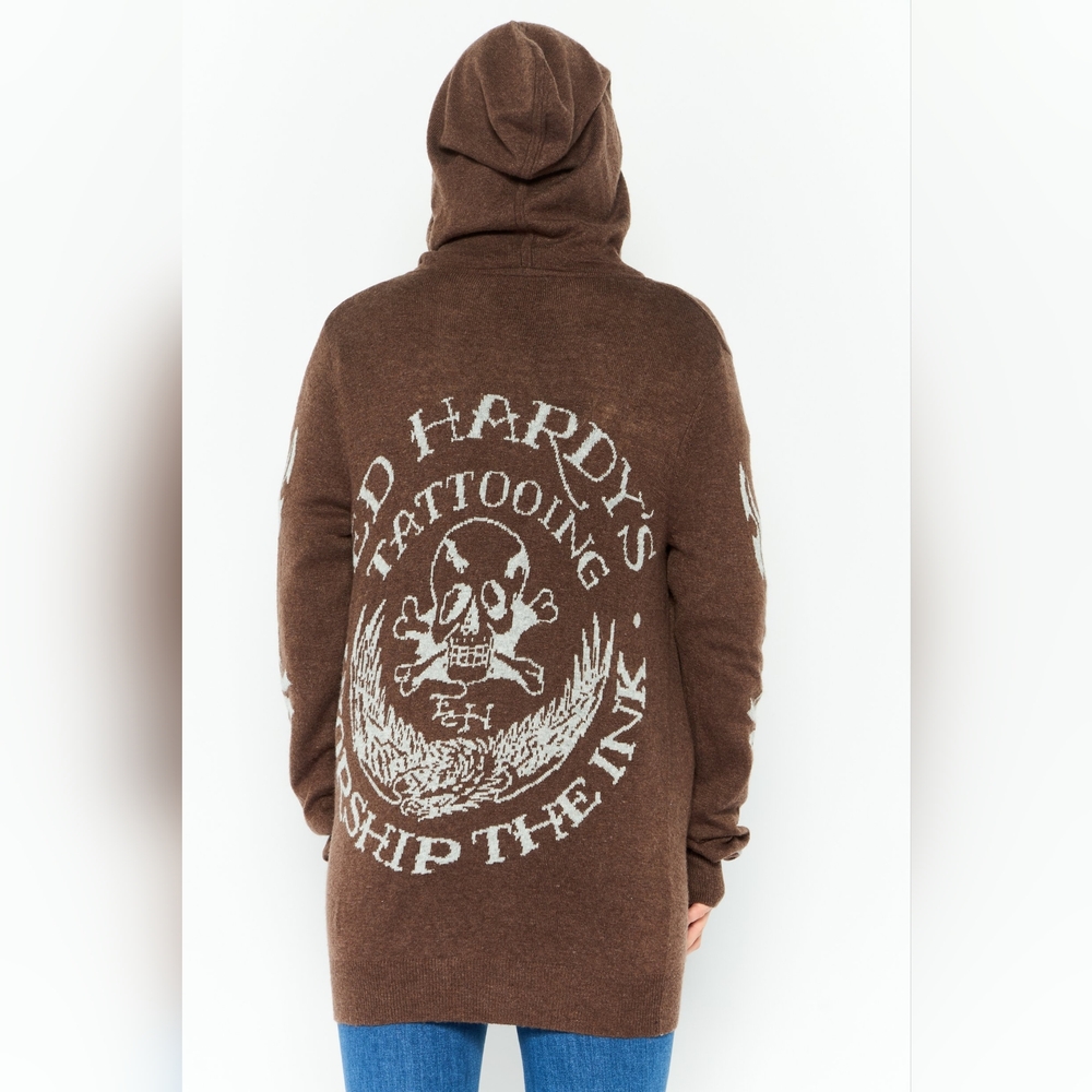 Ed Hardy x Christian Audigier Mens Hoodie Zip Up Worship The Ink- Brown {NWT}